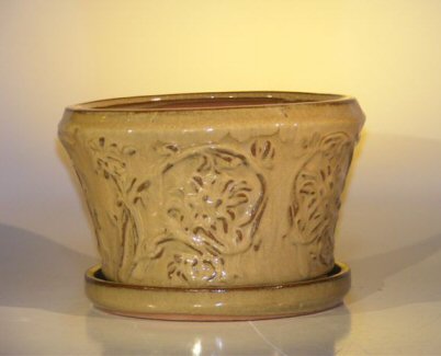 unknown Mustard Color Ceramic Bonsai Pot - Round<br>Attached Matching Tray<br><i>9 x 5.5</i>