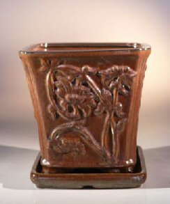 unknown Aztec Orange Ceramic Bonsai Pot - Cascade<br>Attached Matching Tray<br><i>7.5 x 7.5</i>