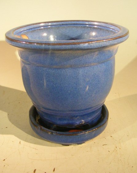 unknown Blue Ceramic Bonsai Pot - Cascade<br>Attached Matching Tray<br><i>7.5 x 7.5</i>