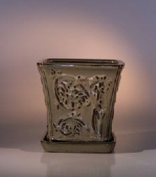 unknown Mustard Color Ceramic Bonsai Pot - Cascade<br>Attached Matching Tray<br><i>7.5 x 7.5</i>