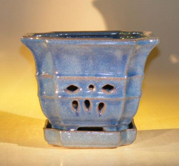 unknown Blue Orchid Pot with Attached Tray<br>7.0 x 6.5 Tall