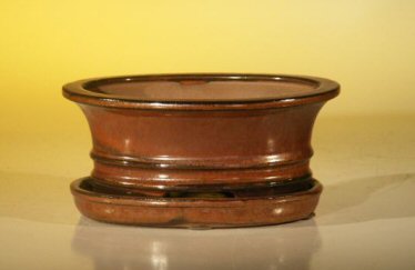 unknown Aztec Orange Ceramic Bonsai Pot - Oval<br>Professional Series with Attached Humidity/Drip tray<br><i>6.37 x 4.75 x 2.625</i>
