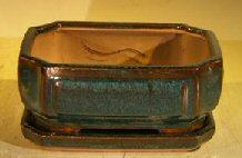 unknown Dark Green Ceramic Bonsai Pot- Rectangle<br>Professional Series with Attached Humidity/Drip Tray<br>6.37 x 4.75 x 2.625
