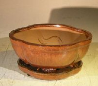 unknown Aztec OrangeCeramic Bonsai Pot - Oval<br>Lotus Shape<br>Professional Series with Attached Humidity/Drip tray<br><i>6.37 x 4.75 x 2.625</i>