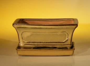 unknown Mustard Color Ceramic Bonsai Pot - Rectangle<br>Professional Series with Attached Humidity/Drip tray<br><i>6.37 x 4.75 x 2.625</i>