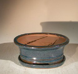 unknown Blue/Green Ceramic Bonsai Pot - Oval<br>Professional Series with Attached Humidity/Drip tray<br><i>8.5 x 6.5 x 3.5</i>