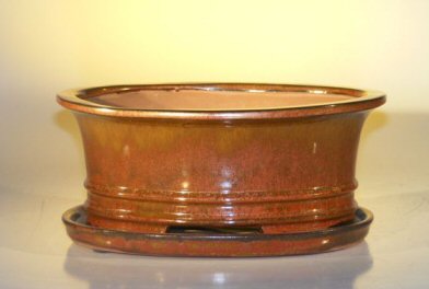 unknown Aztec Orange Ceramic Bonsai Pot - Oval<br>Professional Series with Attached Humidity/Drip tray<br><i>10.75 x 8.5 x 4.125</i>