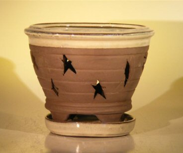 unknown Ceramic Orchid Pot - 7.625 x 6.125<br>Round With Matching Attached Saucer