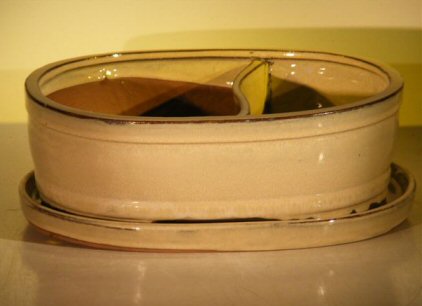 unknown Beige Ceramic Bonsai Pot<br>Land/Water  with Attached Matching Tray<br><i>10.0 x 7.5 x 3.5</i>