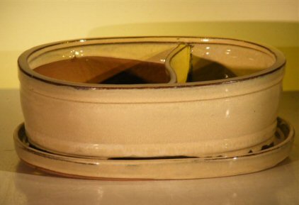 unknown Beige Ceramic Bonsai Pot - Oval<br>Land/Water  with Attached Matching Tray<br><i>12.0 x 9.25 x 4.25</i>