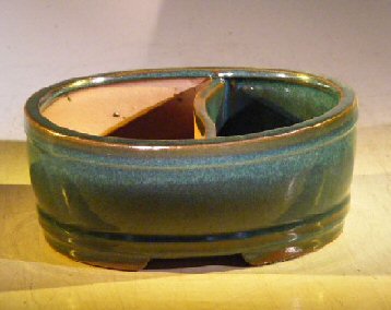 unknown Blue/Green Ceramic Bonsai Pot - Oval<br>Land/Water Divider<br><i>8.0 x 6.5 x 3.25</i>