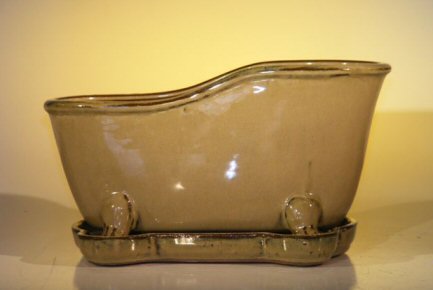 unknown Mustard Color Ceramic Bonsai Pot With Matching Tray<br>Bathtub Shape<br><i>10.875 x 4.875 x 5.25</i>