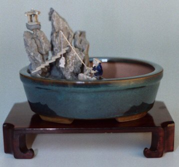 unknown Water/Stone Landscape Scene<br>Ceramic Bonsai Pot - 8 x 6