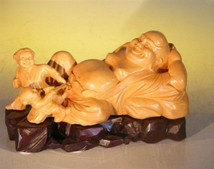 unknown Wooden Buddha With Children Playing - Handcarved