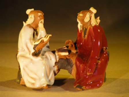 unknown Miniature Glazed Figurine<br>Two Men Sitting on a Bench in Fine Detail