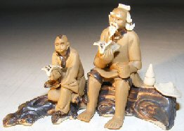 unknown Miniature Ceramic Figurine<br>Father & Son Sitting on a Log Reading Books<br>in Fine Detail