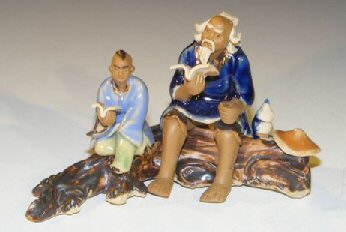 unknown Miniature Ceramic Figurine<br>Father & Son Sitting on a Log Reading Books<br>Fine Detail