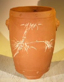 unknown Unglazed Cascade Bonsai Pot with Etching<br><i>6 x 6 x 9</i>