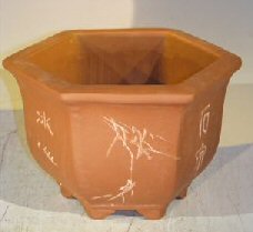unknown Unglazed Bonsai Pot with Etching and Raised Feet<br><i>8 x 9 x 6</i>