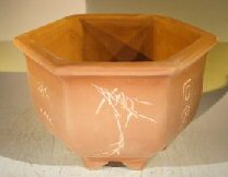 unknown Unglazed Bonsai Pot with Etching and Raised Feet<br><i>9 x 11 x 6</i>