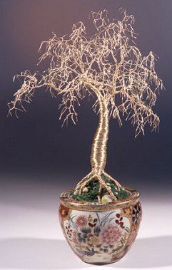 Wire Tree Sculpture - Gold Upright with Chinese Painted Ceramic Lotus Bowl  (9" x 11" x 15")